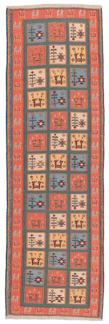 handgewebter Sumackkelim Afschar-Tabii aus Persien Maß 293x90 cm